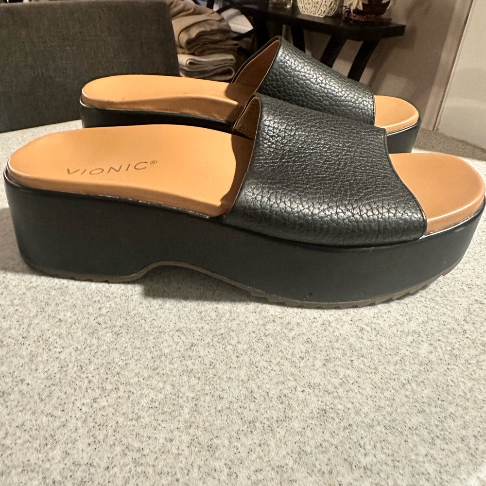 Vionic Black Leather Platform Slides - image 1